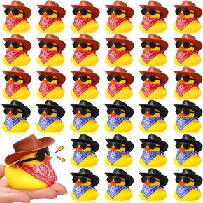 36 Set Cowboy Rubber Duck Bulk Mini Squeak Duck Bath Toy Yellow Duckies Preschool Gift with Cowboy Hat Paisley Bandanas Sunglasses for Summer Swimming Pool Baby Shower Birthday Party Favor