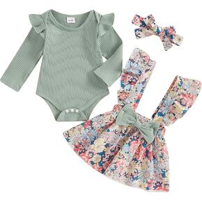 Newborn Baby Girl Outfit Long Sleeve Ribbed Romper + Bow Suspender Skirt + Headband Set Infant Fall Winter Clothes