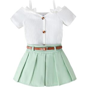 Kids Girls Summer Outfit Short Sleeve Knit Tops + Pleated A-Line Skirts Set Toddler Baby Cute Clothes