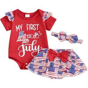 Baby Girl 4th Of July Outfit Ruffle Sleeve Romper + Star Stripe Suspender Skirt Fourth Of July Overalls Dress Sets
