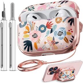 【with Safety Lock】 Airpods Pro 2nd/1st Generation Case Cover, Flowers Cute AirPods Pro 2 Case Hard iPod Pro Case for Women Girls with Cleaner Kit for AirPod Pro Case (2023 USB-C /2022/2019) - Pink
