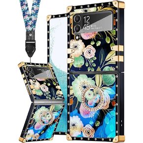 Loheckle for Samsung Galaxy Z Flip 3 Case for Women, Designer Square Cases for Galaxy Z Flip 3 Phone Case with Ring Stand Holder and Lanyard, Stylish Bee Luxury Cover for Samsung Flip 3 6.7''