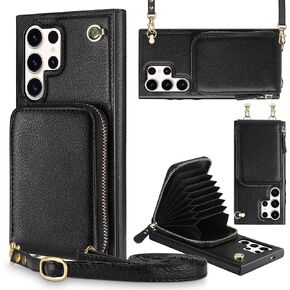 JAKPAK for Samsung Galaxy S23FE Wallet Case with Card Holder [NOT for S23], Zipper Phone Case with Lanyard,Leather Case RFID Blocking Purse Cover for Galaxy S23FE 5G 6.4 inch Black