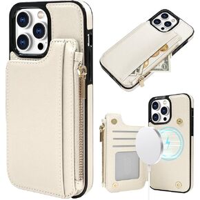 Delidigi for iPhone 14 Pro Max Case Wallet with Card Holder Compatible with Mag-Safe, Flip PU Leather Zipper Pouch Wallet Case for iPhone 14 Pro Max Women, Support Wireless Charging Beige