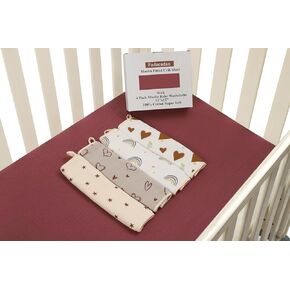 Fadacudan Muslin Fitted Crib Sheet with 4 Pack Muslin Baby Washcloths 12"x 12" Love Rainbow Stras,Cotton Stylish Boho Super Soft for Baby Beige