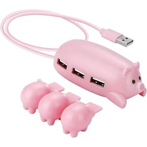 Cute USB Hub, JoyReken Pink Mom Pig USB Hub with 3 Piglet Decoration Lids, Great Gifts for Pig Lovers Cute Pig Stuff Pig Decorations Animal Hub Pink Computer Accessories
