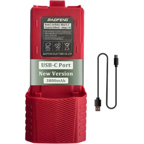 BAOFENG UV-5R Radio Battery Extended 3800mAh USB-C Charging Red Replacement for BF-F8HP New Version for BF-F8 Rechargeable Bl-5 Two Way Radio Battery with Type-c Charging Cable
