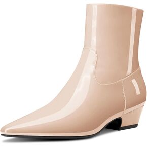 Womens Chunky Block Low Heel Close Pointed Toe Ankle Boots Short Bootie Boots Slip-on Zipper Prom Dress Patent Leather 1.4 Inches Heels