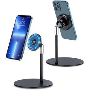 EWA Magnetic Phone Stand, 360°Rotation Adjustable Cell Phone Stand for Desk/Nightstand/Office, Hands-Free Metal Magnetic Phone Holder Stand, Compatible with iPhone 15/14/13/12 Magsafe Case, Black