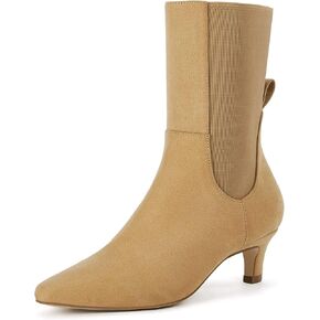 Coutgo Womens Chelsea Boots Mid Calf Low Kitten Heel Suede Pointed Toe Stretch Fall Fashion Dressy Booties
