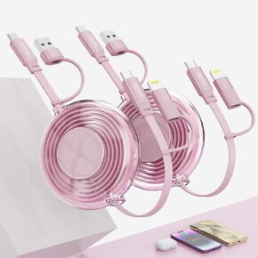 2 حزمة قابلة للسحب للسفر 100 واط وردي متعدد 4 في 1 كابل شاحن عالمي USB A/Type C إلى Lightning+USB C كابل شحن iPhone، مجموعة سلك شاحن متعددة لهاتف iPhone 15 14 13 12/Samsung/iPad/Huawei-4FT