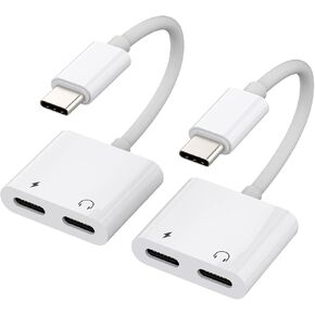 Dual USB-C Headphone Adapter 2in1 Charger Aux Audio Splitter Dongle Cable DAC Type C Jack Charging Cord for Galaxy S20 S21 FE S22 Ultra LG Pixel Apple iPhone 15 Pro Max Plus iPad Pro Air Mini