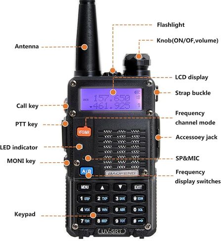 جهاز اتصال لاسلكي BAOFENG UV-5RT ثنائي النطاق، وضع الاستعداد المزدوج، طاقة خرج 5 وات، 128 قناة، راديو FM، مصباح يدوي LED، شاشة LCD كبيرة UV-5RT راديو محمول ثنائي الاتجاه مع هوائي AR-771 in Saudi Arabia