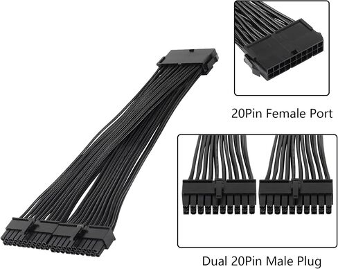 CERRXIAN 24 سم ATX 20 دبوس كابل مقسم إمداد الطاقة، 18AWG ATX 20Pin أنثى إلى 2 ذكر PSU كابل تمديد إمداد الطاقة in Saudi Arabia