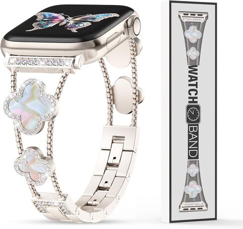 Lucky Clover Diamond Band متوافق مع أساور ساعة Apple للنساء 40 مم 41 مم 38 مم سلسلة 9 Ultra SE 8 7 6 5 4 3 2 1، سوار معصم بديل من الألماس اللامع لساعة iWatch in Kuwait