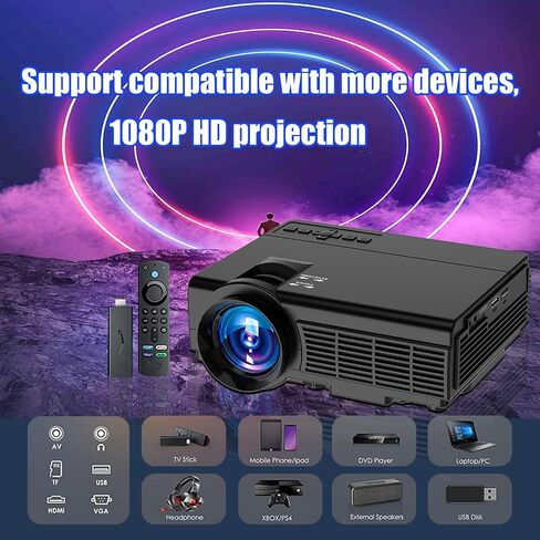 Mini Projector, 2024 Upgraded Portable Projector, Native 1080P Bluetooth Projector, Movie Projector Compatible with iOS/Android Phone/Tablet/Laptop/PC/TV Stick/Box/USB Drive/Game Console（Black） in Saudi Arabia