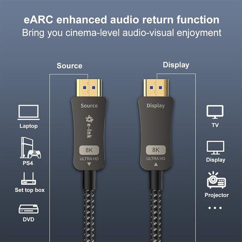 8K HDMI Fiber Optic Cable 30m(98.4ft), HDMI 2.1 Ultra High Speed 48Gbps 8K60Hz 4K120Hz Slim Braided Cable HDR/eARC HDCP 2.2/3D Compatible with PS3/4, Xbox, Projector, TV, DVD Player in Saudi Arabia