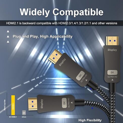 8K HDMI Fiber Optic Cable 30m(98.4ft), HDMI 2.1 Ultra High Speed 48Gbps 8K60Hz 4K120Hz Slim Braided Cable HDR/eARC HDCP 2.2/3D Compatible with PS3/4, Xbox, Projector, TV, DVD Player in Saudi Arabia