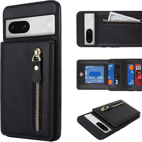 Jaorty for Google Pixel 7 Phone Case with Card Holder,Pixel 7 Case Wallet for Women Men, PU Leather Zipper Wallet Case,6.3",Black in Saudi Arabia