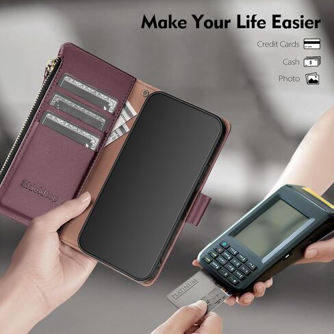 حافظة محفظة لهاتف iPhone 11 Pro Max، حافظة هاتف iPhone 11 Pro Max من جلد البولي يوريثان، غطاء حماية قابل للطي وحزام معصم وجيب بسحاب وفتحات لبطاقة الائتمان وحامل RFID، للنساء والرجال، أحمر خمري in Kuwait