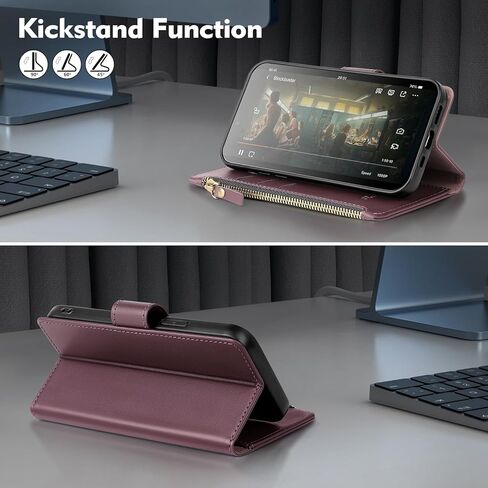 حافظة محفظة لهاتف iPhone 11 Pro Max، حافظة هاتف iPhone 11 Pro Max من جلد البولي يوريثان، غطاء حماية قابل للطي وحزام معصم وجيب بسحاب وفتحات لبطاقة الائتمان وحامل RFID، للنساء والرجال، أحمر خمري in Kuwait