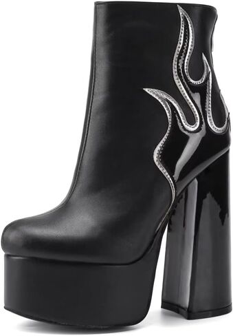 Frankie Hsu Women's Large Size Red Patent Leather Flame Fire Sexy Platform Chunky Block High Heels Ankle Heeled Bootie Shoes in Kuwait
