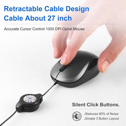 HXMJ USB C Wired Mini Mouse,Small Travel Mice with Retractable Cable-Gray in Saudi Arabia