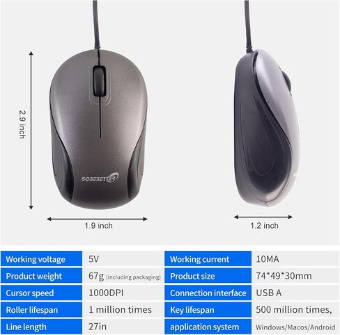 HXMJ USB C Wired Mini Mouse,Small Travel Mice with Retractable Cable-Gray in Saudi Arabia