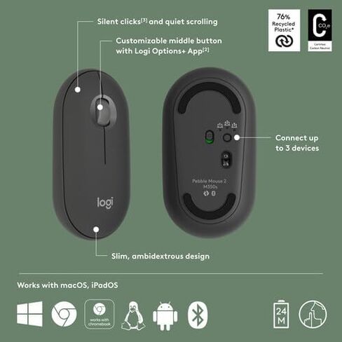 Logitech Pebble Mouse 2 M350s Slim Bluetooth Wireless Mouse، محمول، خفيف الوزن لنظام التشغيل Windows، macOS، iPadOS، Android، Chrome OS - Tonal Graphite (متجدد) in Saudi Arabia