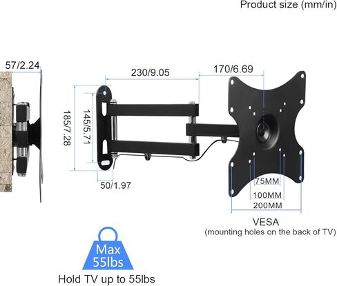 حامل جدار تلفزيون Suptek كامل الحركة قابل للتعديل لمعظم أجهزة تلفزيون بلازما LED LCD مقاس 15-42 بوصة حتى 55 رطلًا، VESA 75، 100، 200 مم، دوران، دوران، إمالة (MA2770-3260) in Kuwait