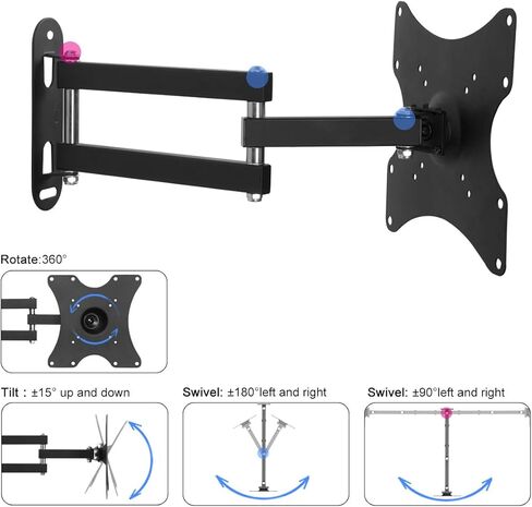 حامل جدار تلفزيون Suptek كامل الحركة قابل للتعديل لمعظم أجهزة تلفزيون بلازما LED LCD مقاس 15-42 بوصة حتى 55 رطلًا، VESA 75، 100، 200 مم، دوران، دوران، إمالة (MA2770-3260) in Kuwait