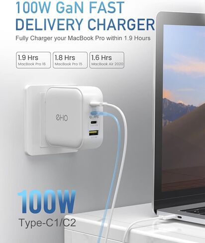 USB C Wall Charger, 100W PD 3.0 PPS 4-Port GaN III Fast Charger Type C Charging Station Foldable Power Adapter Travel Charger Block Compatible w/MacBook, Laptop, iPad, iPhone, Samsung and More-White in Kuwait