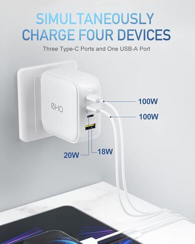 USB C Wall Charger, 100W PD 3.0 PPS 4-Port GaN III Fast Charger Type C Charging Station Foldable Power Adapter Travel Charger Block Compatible w/MacBook, Laptop, iPad, iPhone, Samsung and More-White in Kuwait