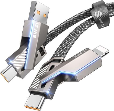 كابل لايتنينج 4 في 1 USB C، 60 وات 5 أقدام، شحن سريع ومزامنة البيانات، مجموعة سلك شاحن مضفر من النايلون المسطح، منافذ شحن متعددة من النوع C/USB A/Lightning لهاتف iPhone 15 iPad MacBook Samsung [نمط SHEZI] in Kuwait