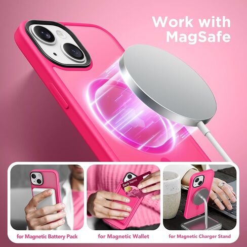 حافظة مغناطيسية لهاتف iPhone 13، متوافقة مع MagSafe، [2 واقيات شاشة و2 أغطية للكاميرا] [مضادة لبصمات الأصابع] حافظة واقية للهاتف نسائية شفافة غير لامعة مقاومة للصدمات لهاتف iPhone 13 6.1 بوصة (وردي فاقع) in Saudi Arabia
