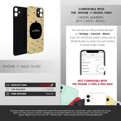 Cell4less Back Glass Compatible with The iPhone 11 Back Glass Replacement W/Full Body Adhesive, Removal Tool, and Wide Camera Hole for Quicker Installation NO Logo (Black w/Toolkit) in Saudi Arabia
