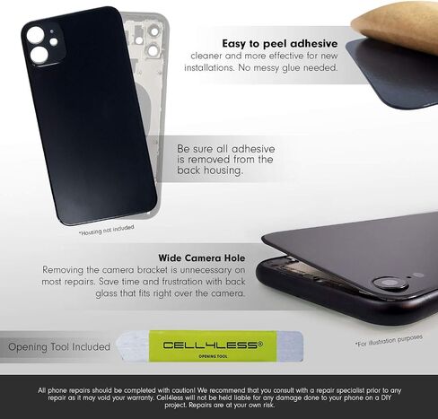 Cell4less Back Glass Compatible with The iPhone 11 Back Glass Replacement W/Full Body Adhesive, Removal Tool, and Wide Camera Hole for Quicker Installation NO Logo (Black w/Toolkit) in Saudi Arabia