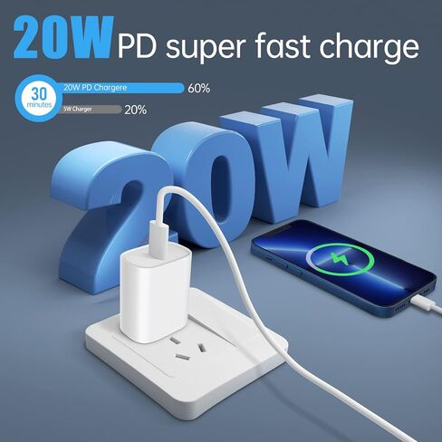 شاحن سريع للهاتف، شاحن هاتف USB C 20W كتلة شواحن الهاتف مع سلك شحن لايتنينج 6.6FT للهاتف 14,14 Pro، 14 Pro Max، 13 Pro Max، 12 Pro Max، Mini، 11 Pro Max، iPad in Kuwait