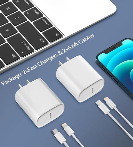 شاحن سريع للهاتف، شاحن هاتف USB C 20W كتلة شواحن الهاتف مع سلك شحن لايتنينج 6.6FT للهاتف 14,14 Pro، 14 Pro Max، 13 Pro Max، 12 Pro Max، Mini، 11 Pro Max، iPad in Kuwait