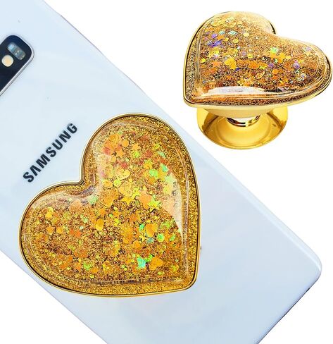 Liquid Glitter Heart Shaped Cell Phone Grip (Large Sized) (not for Silicone Cases) Cute Girly Sparkly Sparkle Phone Socket for Girl Galaxy Accessories (Gold) in Saudi Arabia