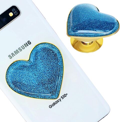 Liquid Glitter Heart Shaped Cell Phone Grip (Large Sized) (not for Silicone Cases) Cute Girly Sparkly Sparkle Phone Socket for Girl Galaxy Accessories (Gold) in Saudi Arabia