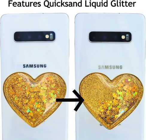 Liquid Glitter Heart Shaped Cell Phone Grip (Large Sized) (not for Silicone Cases) Cute Girly Sparkly Sparkle Phone Socket for Girl Galaxy Accessories (Gold) in Saudi Arabia