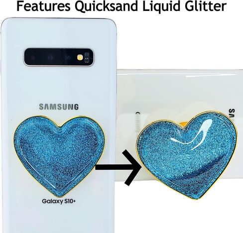 Liquid Glitter Heart Shaped Cell Phone Grip (Large Sized) (not for Silicone Cases) Cute Girly Sparkly Sparkle Phone Socket for Girl Galaxy Accessories (Gold) in Saudi Arabia