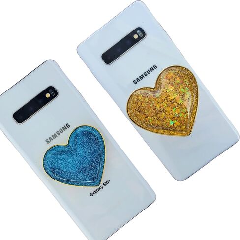 Liquid Glitter Heart Shaped Cell Phone Grip (Large Sized) (not for Silicone Cases) Cute Girly Sparkly Sparkle Phone Socket for Girl Galaxy Accessories (Gold) in Saudi Arabia