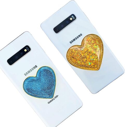 Liquid Glitter Heart Shaped Cell Phone Grip (Large Sized) (not for Silicone Cases) Cute Girly Sparkly Sparkle Phone Socket for Girl Galaxy Accessories (Gold) in Saudi Arabia