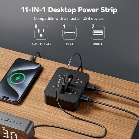 Surge Protector Power Strip - 8 Outlets with 3 USB Charging Ports,Multi Plug Outlet Extender, 5Ft Braided Extension Cord, Wall Mount Desk USB Charging Station for Home Office (Black) in Saudi Arabia