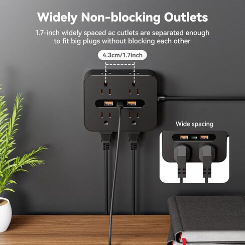 Surge Protector Power Strip - 8 Outlets with 3 USB Charging Ports,Multi Plug Outlet Extender, 5Ft Braided Extension Cord, Wall Mount Desk USB Charging Station for Home Office (Black) in Saudi Arabia