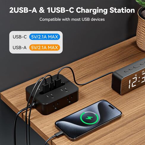 Surge Protector Power Strip - 8 Outlets with 3 USB Charging Ports,Multi Plug Outlet Extender, 5Ft Braided Extension Cord, Wall Mount Desk USB Charging Station for Home Office (Black) in Saudi Arabia
