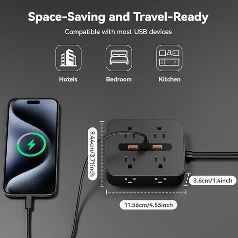 Surge Protector Power Strip - 8 Outlets with 3 USB Charging Ports,Multi Plug Outlet Extender, 5Ft Braided Extension Cord, Wall Mount Desk USB Charging Station for Home Office (Black) in Saudi Arabia