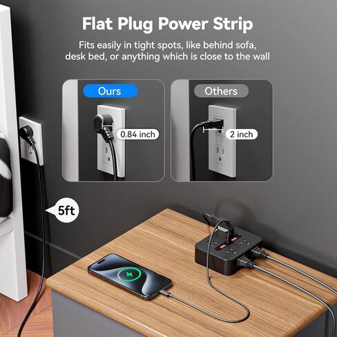 Surge Protector Power Strip - 8 Outlets with 3 USB Charging Ports,Multi Plug Outlet Extender, 5Ft Braided Extension Cord, Wall Mount Desk USB Charging Station for Home Office (Black) in Saudi Arabia